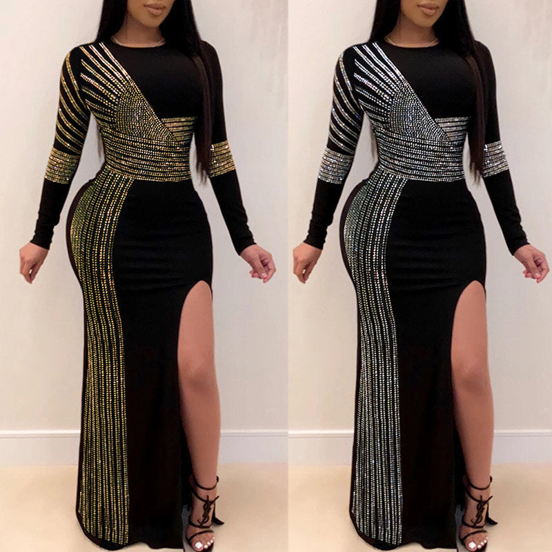 Sequins Long Sleeve High Slit Party Dress