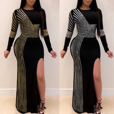 Sequins Long Sleeve High Slit Party Dress