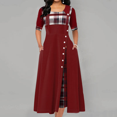 Inclined Button Plaid Print Pocket Dress