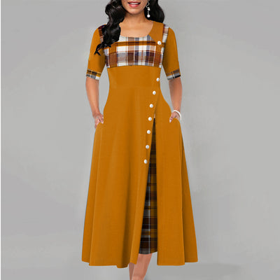 Inclined Button Plaid Print Pocket Dress