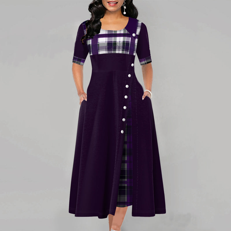 Inclined Button Plaid Print Pocket Dress