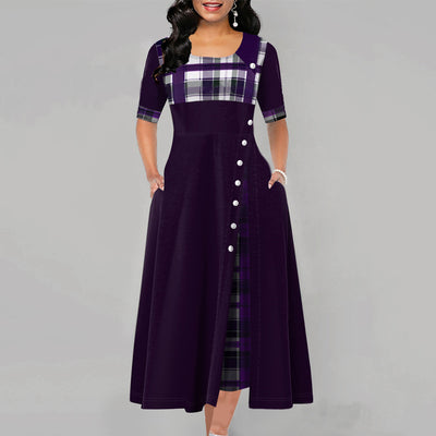 Inclined Button Plaid Print Pocket Dress