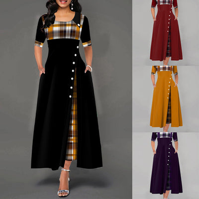 Inclined Button Plaid Print Pocket Dress