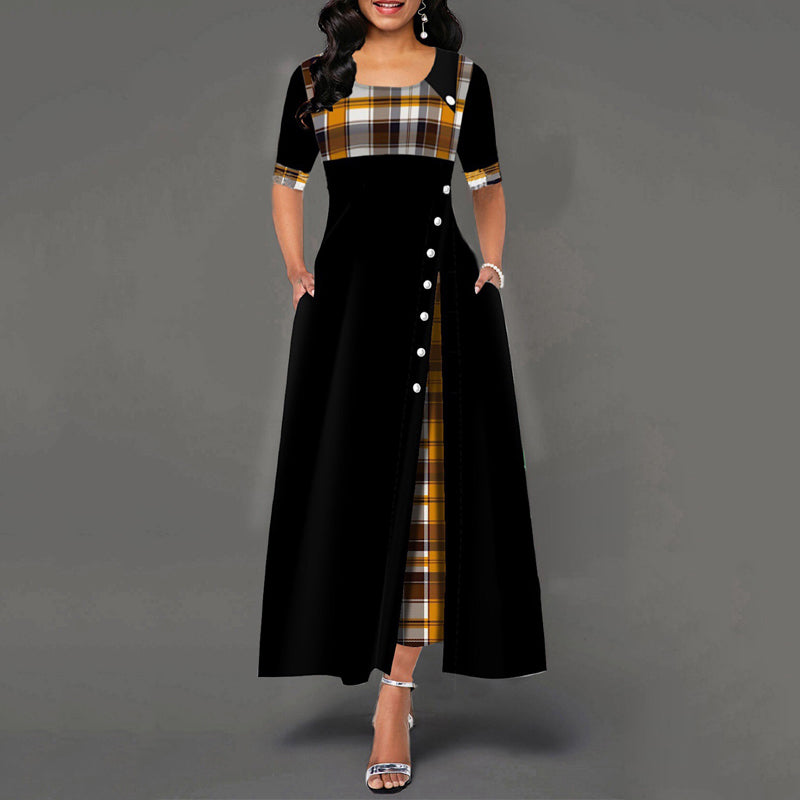 Inclined Button Plaid Print Pocket Dress