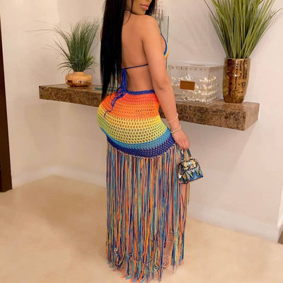 Colorblock Crochet Tassel Design Swimsuit Set