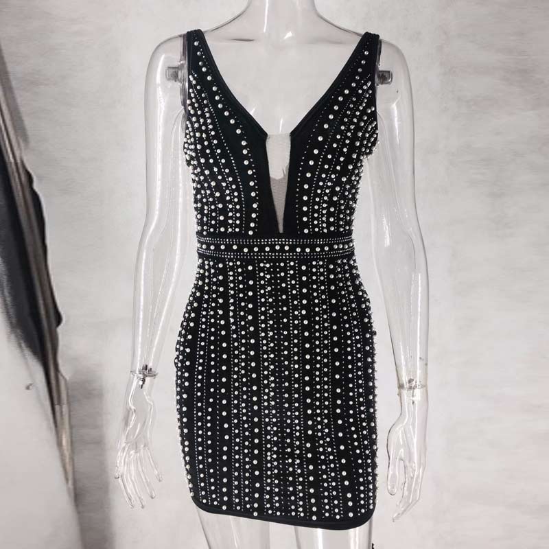 Solid Sleeveless Beaded Rhinestone Bodycon Dress