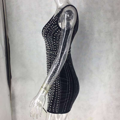 Solid Sleeveless Beaded Rhinestone Bodycon Dress