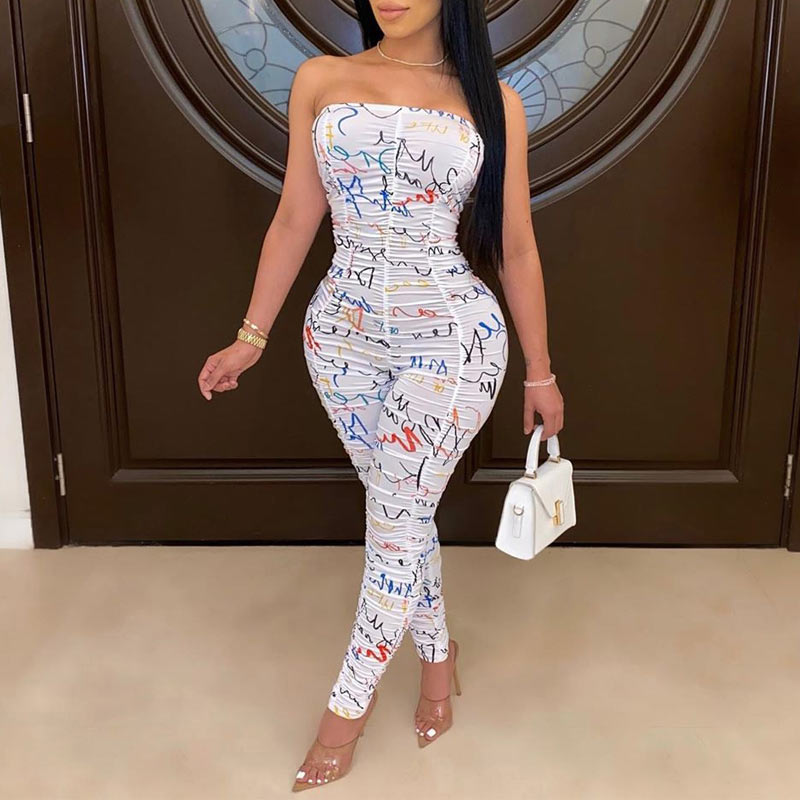 Print Off Shoulder Ruched Jumpsuit