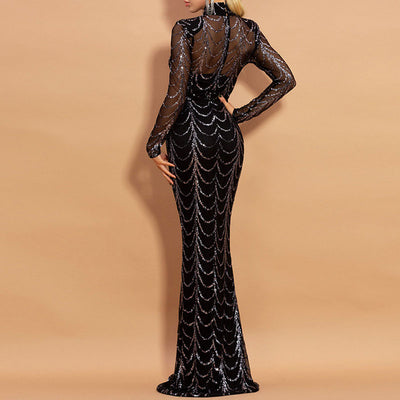 Sequins Long Sleeve Sheer Mesh Patchwork Floor Length Dress