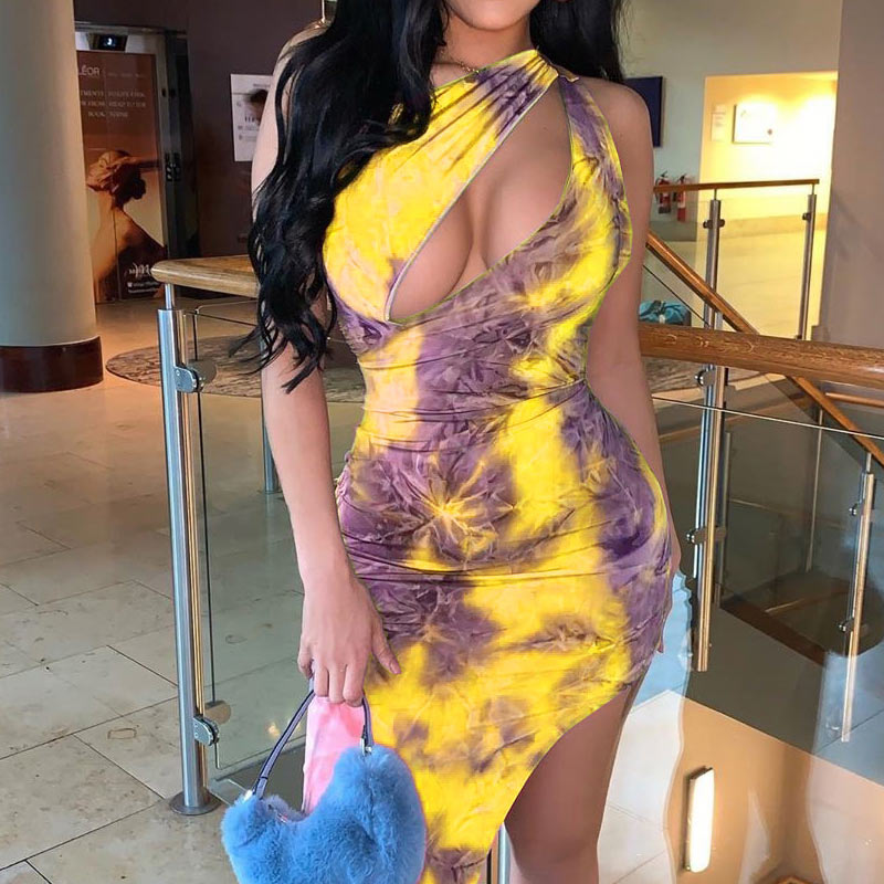 Tie Dye Print Sleeveless Hollow Out Bodycon Dress