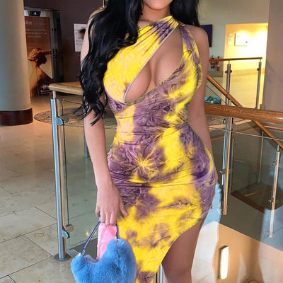 Tie Dye Print Sleeveless Hollow Out Bodycon Dress