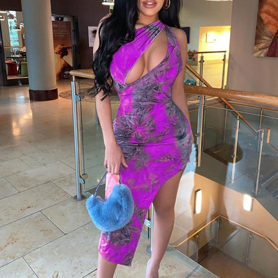 Tie Dye Print Sleeveless Hollow Out Bodycon Dress