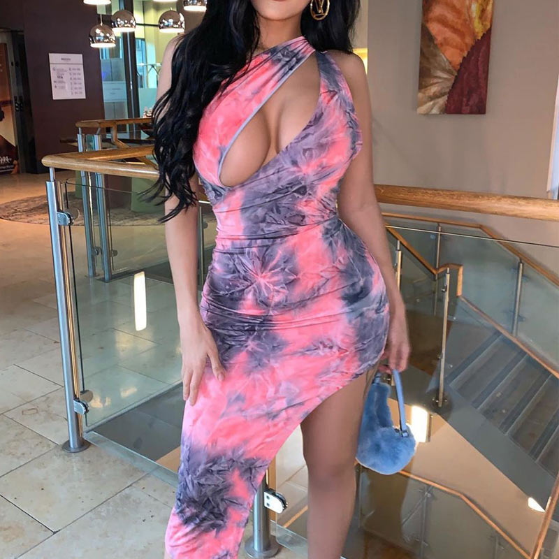 Tie Dye Print Sleeveless Hollow Out Bodycon Dress