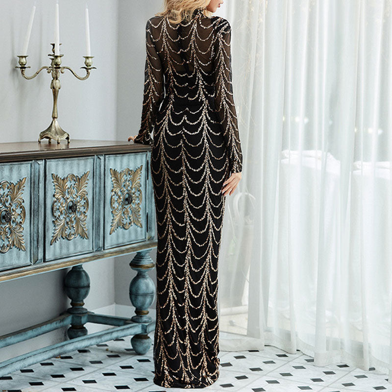 Sequins Long Sleeve Sheer Mesh Patchwork Floor Length Dress