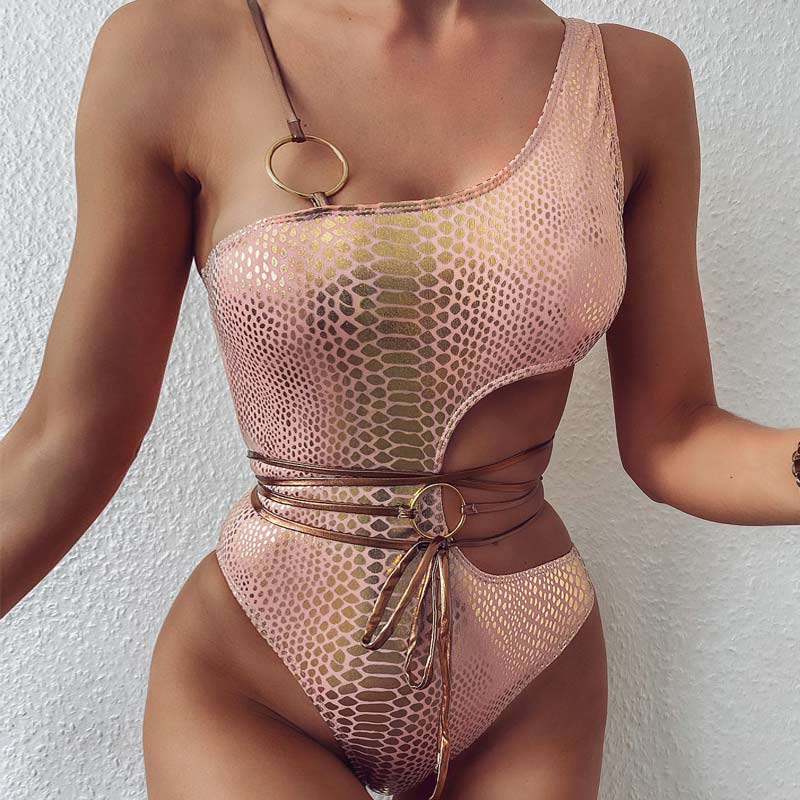 Snakeskin One Shoulder Bandage Cut Out One Piece Swimsuit
