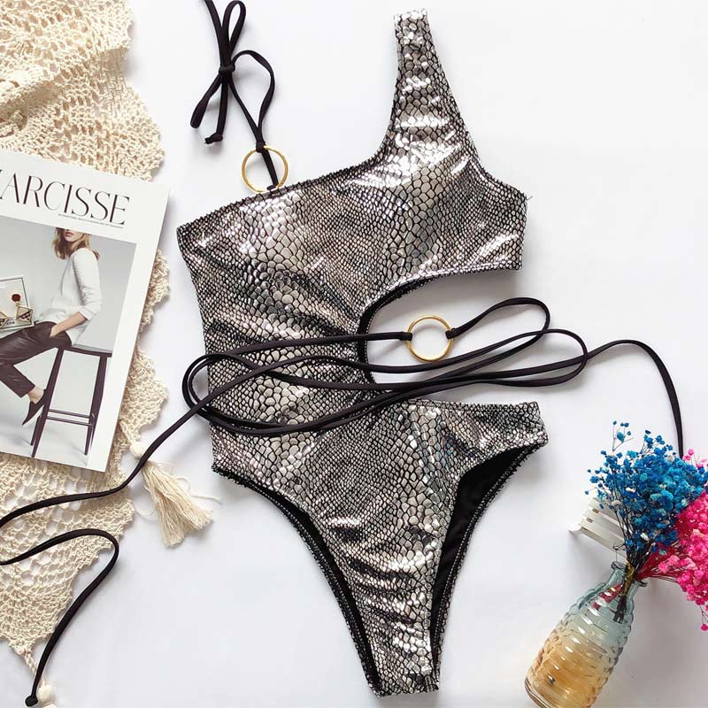 Snakeskin One Shoulder Bandage Cut Out One Piece Swimsuit