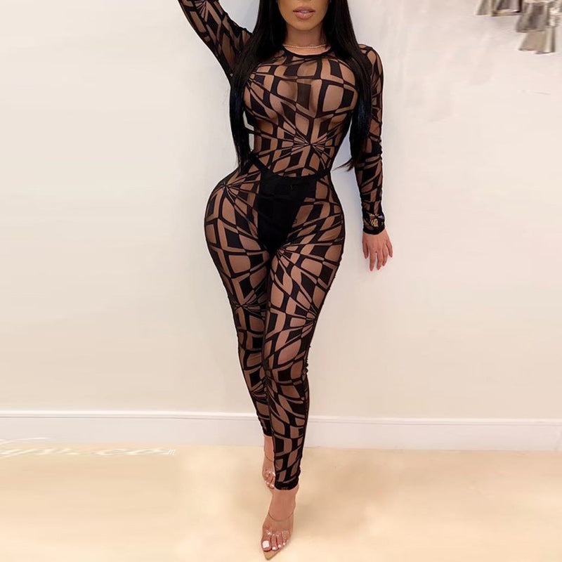 Print Sheer Mesh Patchwork Jumpsuit