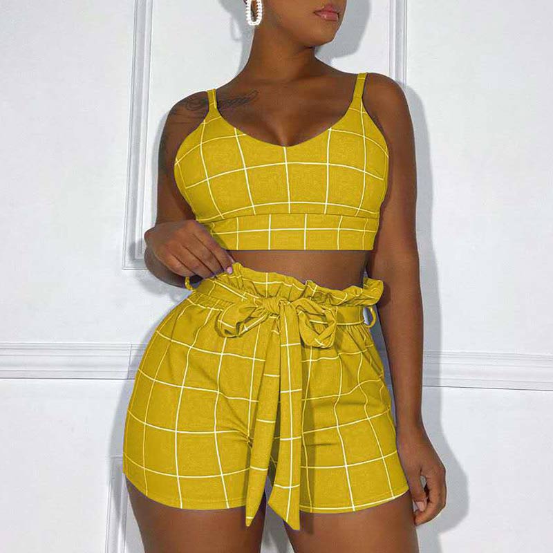 Plaid Pattern Sleeveless Bowknot Shorts Set