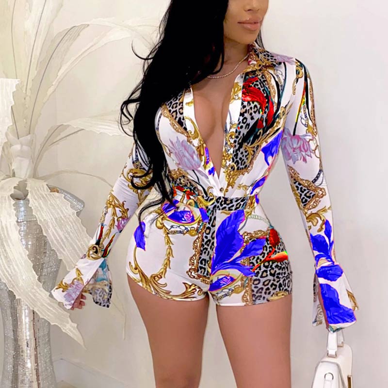 Leopard Pattern Deep V-Neck Flared Sleeve Romper