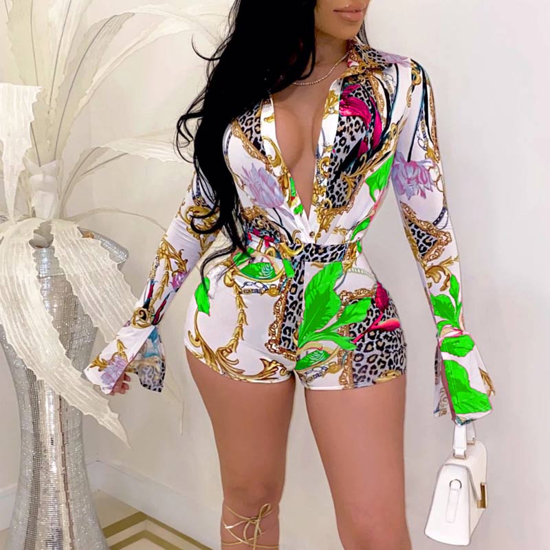 Leopard Pattern Deep V-Neck Flared Sleeve Romper