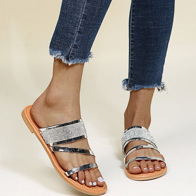Solid Rhinestone Decoration Flat Sandals