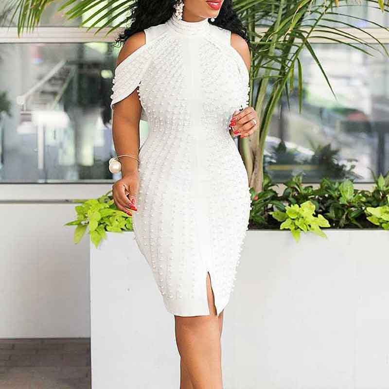 Solid Cold Shoulder Beaded Slit Bodycon Dress