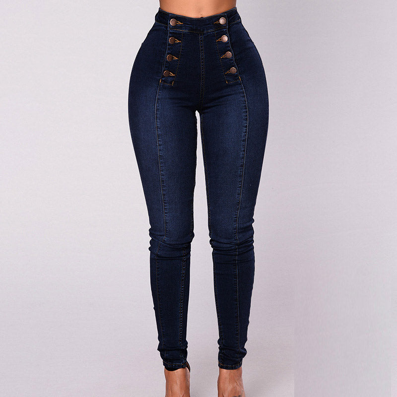 Denim Double Breasted Button Design High Waist Jeans