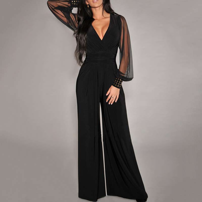 Solid Deep V-Neck Sheer Mesh Sleeve Wide Leg Jumpsuit