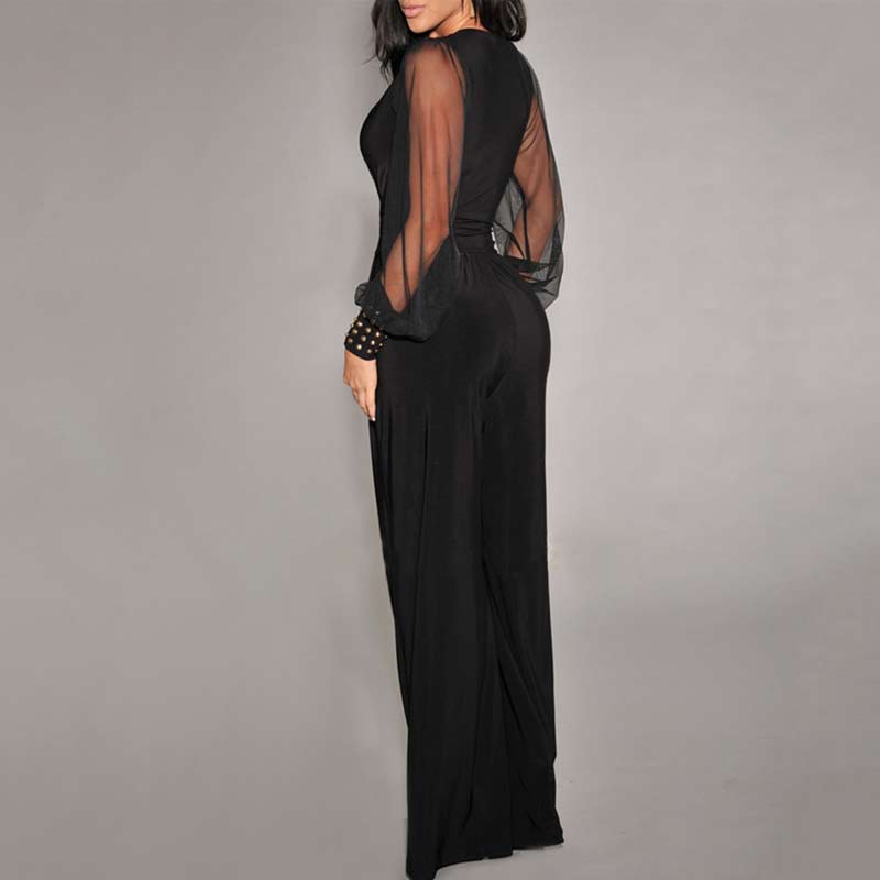 Solid Deep V-Neck Sheer Mesh Sleeve Wide Leg Jumpsuit