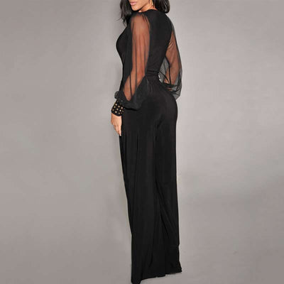 Solid Deep V-Neck Sheer Mesh Sleeve Wide Leg Jumpsuit