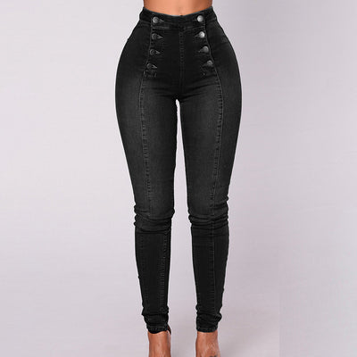 Denim Double Breasted Button Design High Waist Jeans