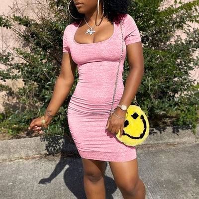Solid Short Sleeve Cut Out Ruched Bodycon Dress