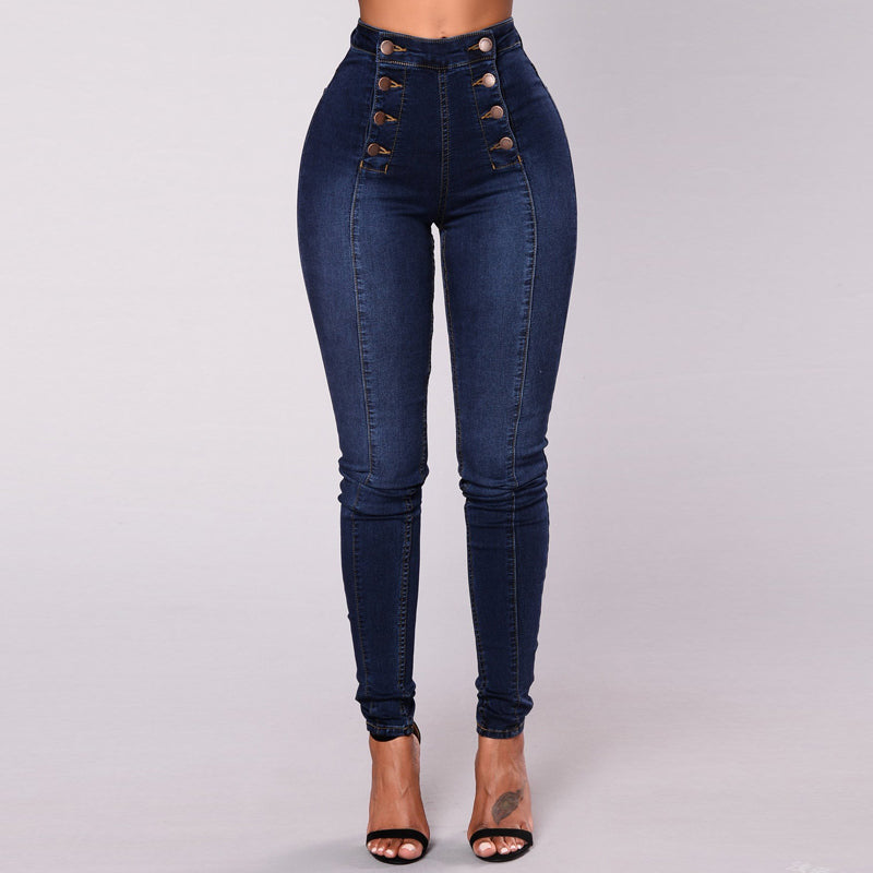 Denim Double Breasted Button Design High Waist Jeans