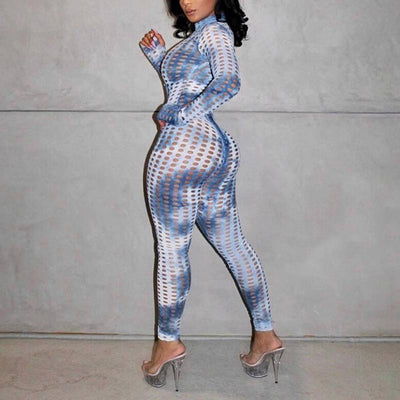 Tie Dye Print Long Sleeve Hollow Out Two Piece Set