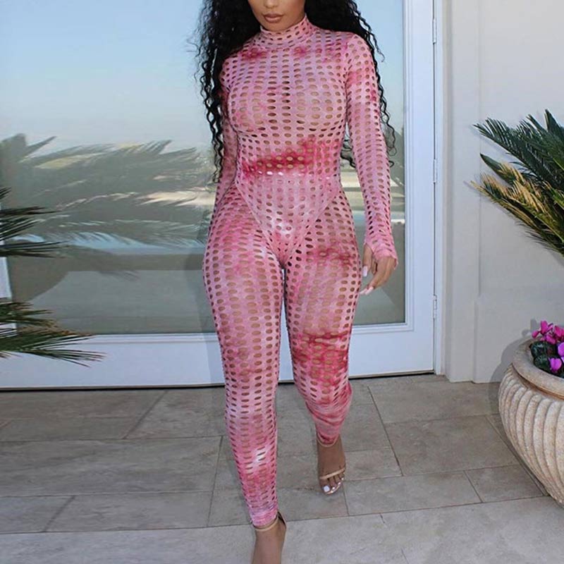 Tie Dye Print Long Sleeve Hollow Out Two Piece Set