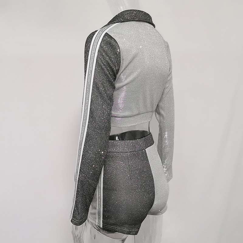 Glitter Long Sleeve Zipper Design Two Piece Shorts Set