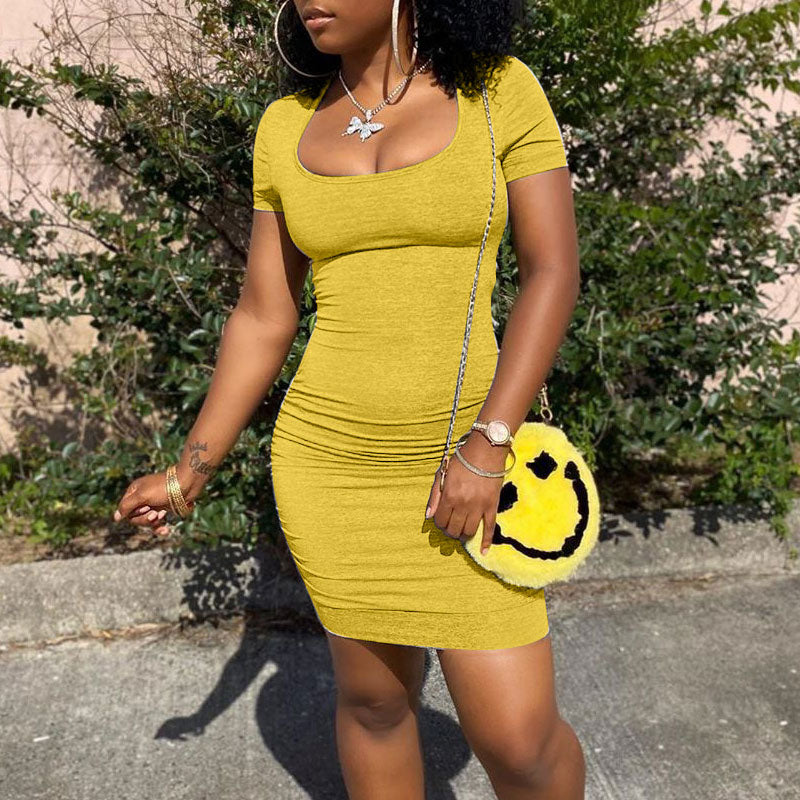 Solid Short Sleeve Cut Out Ruched Bodycon Dress
