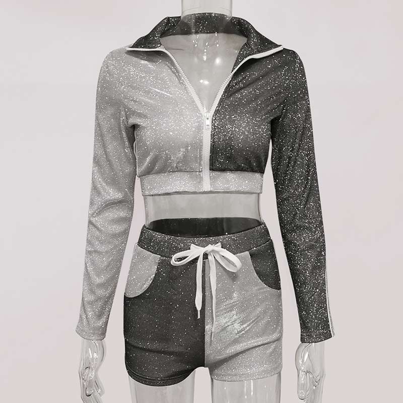 Glitter Long Sleeve Zipper Design Two Piece Shorts Set
