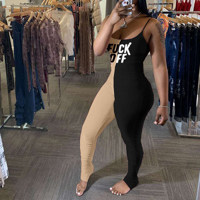 Sexy Letter Print Colorblock Pleated Bodycon Jumpsuit