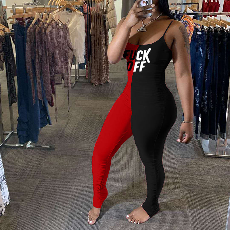 Sexy Letter Print Colorblock Pleated Bodycon Jumpsuit