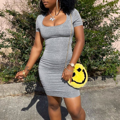 Solid Short Sleeve Cut Out Ruched Bodycon Dress