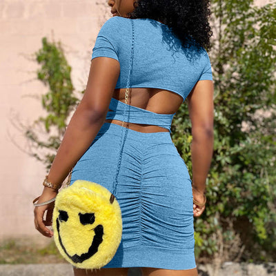 Solid Short Sleeve Cut Out Ruched Bodycon Dress