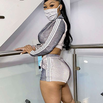 Glitter Long Sleeve Zipper Design Two Piece Shorts Set