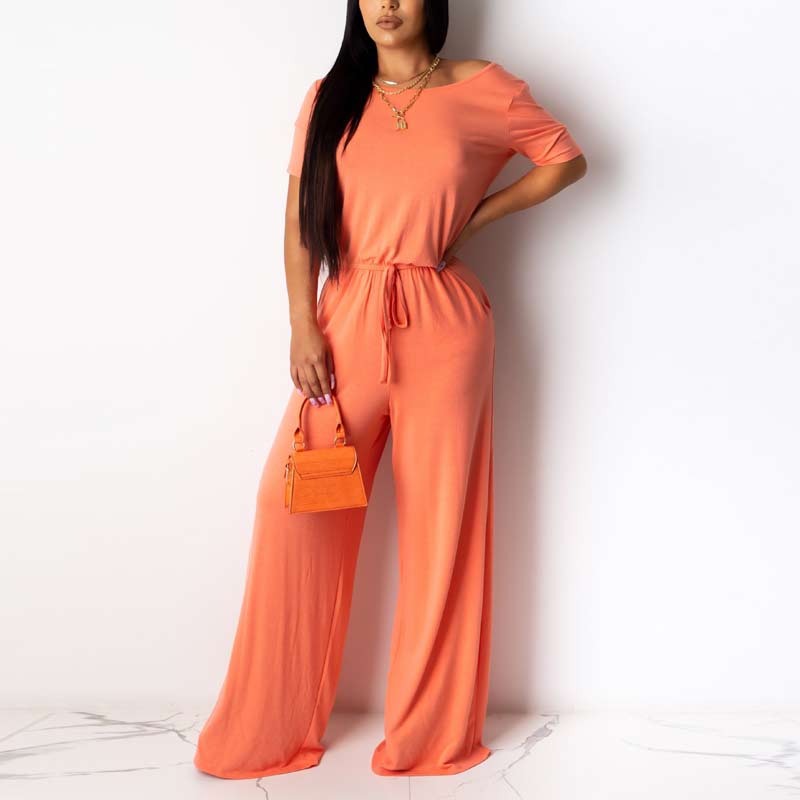 Solid Short Sleeve One Shoulder Wide Leg Jumpsuit