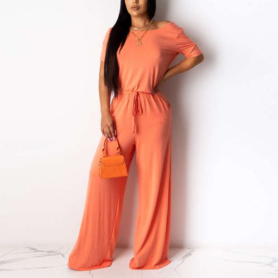 Solid Short Sleeve One Shoulder Wide Leg Jumpsuit