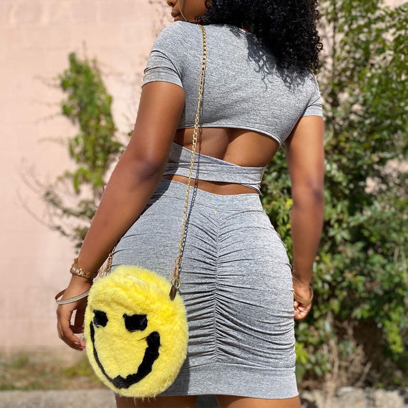 Solid Short Sleeve Cut Out Ruched Bodycon Dress