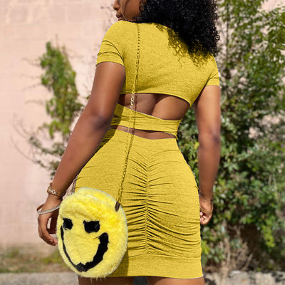 Solid Short Sleeve Cut Out Ruched Bodycon Dress