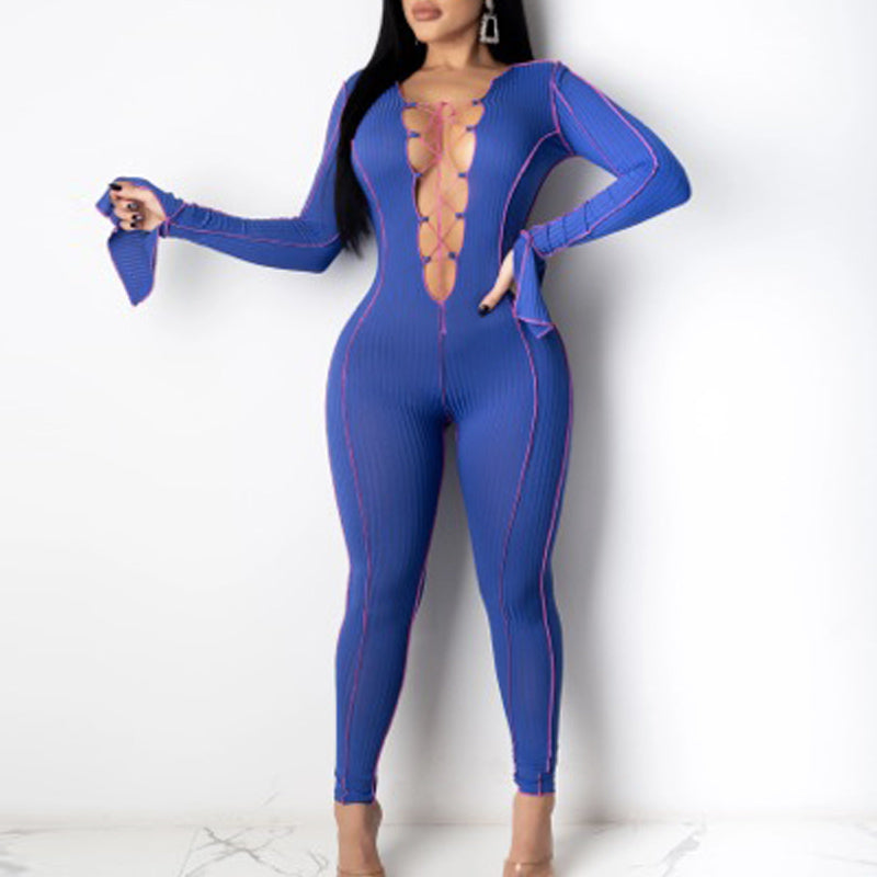 Solid Lace-Up Flared Long Sleeve Jumpsuit