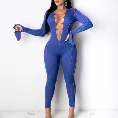 Solid Lace-Up Flared Long Sleeve Jumpsuit