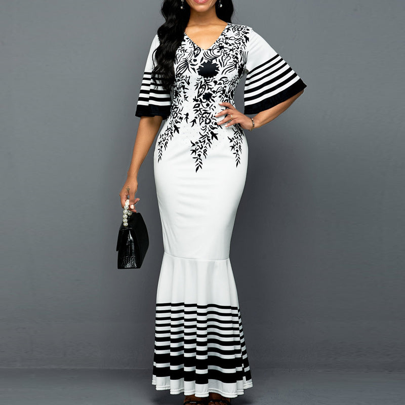 Colorblock Floral Print V-Neck Fishtail Party Dress